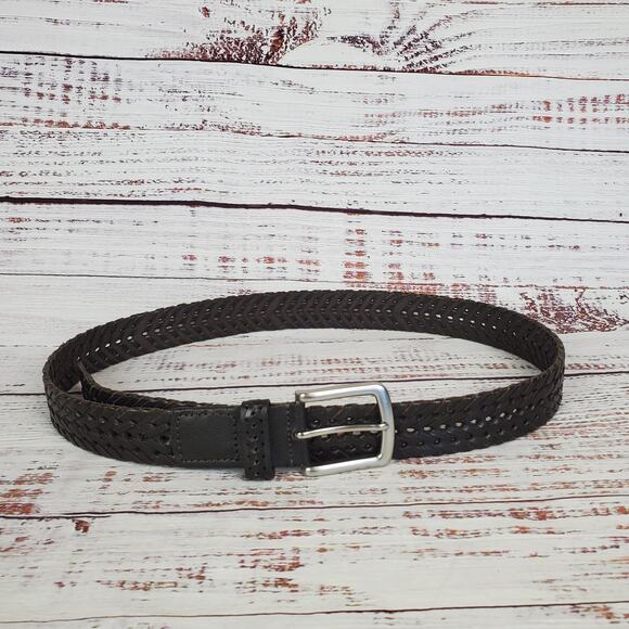 Men's Size L Brown Woven Genuine Leather Belt Silver Tone Buckle Cowboy Western - Picture 2 of 6